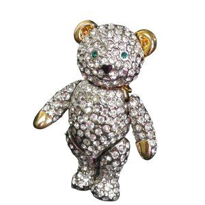 Swarovski Crystal Green Eye Two Tone 3D Movable/Articulated Teddy Bear Brooch
